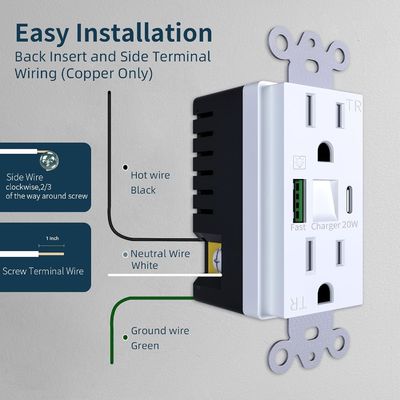 Mexico Easy Installation 125V 15A USB Receptacle with Night Light PD3.0 Fast Charger